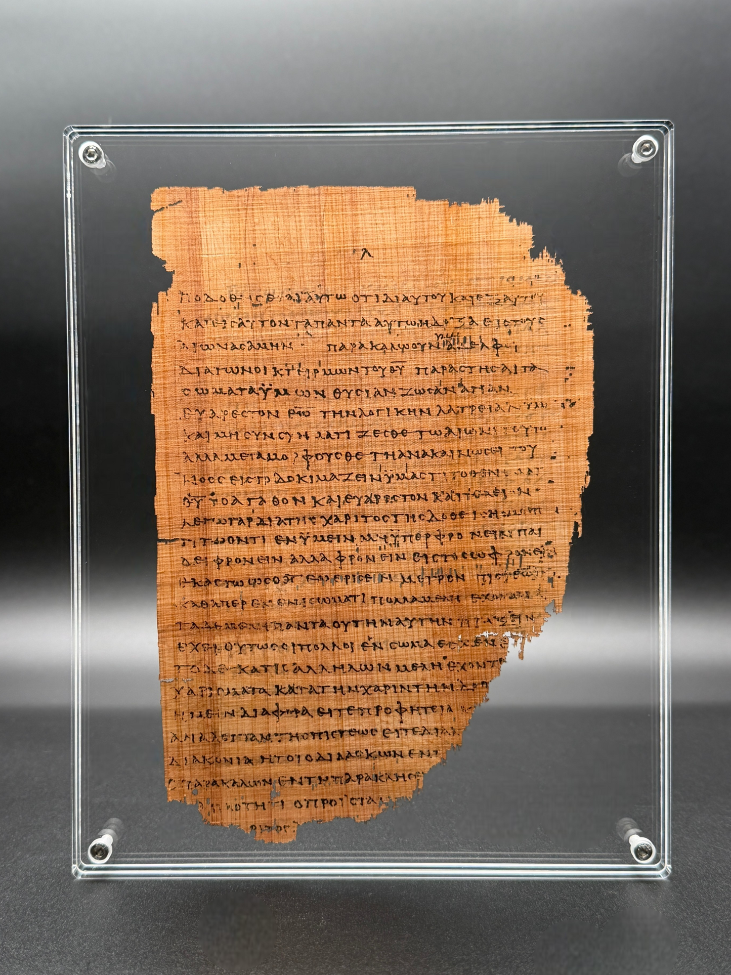 Papyrus 46 (𝒫46) Manuscript Replica | Romans 11:36–12:8 & Romans 12:10–13:1 | 8×10 Screw-Down Acrylic Display