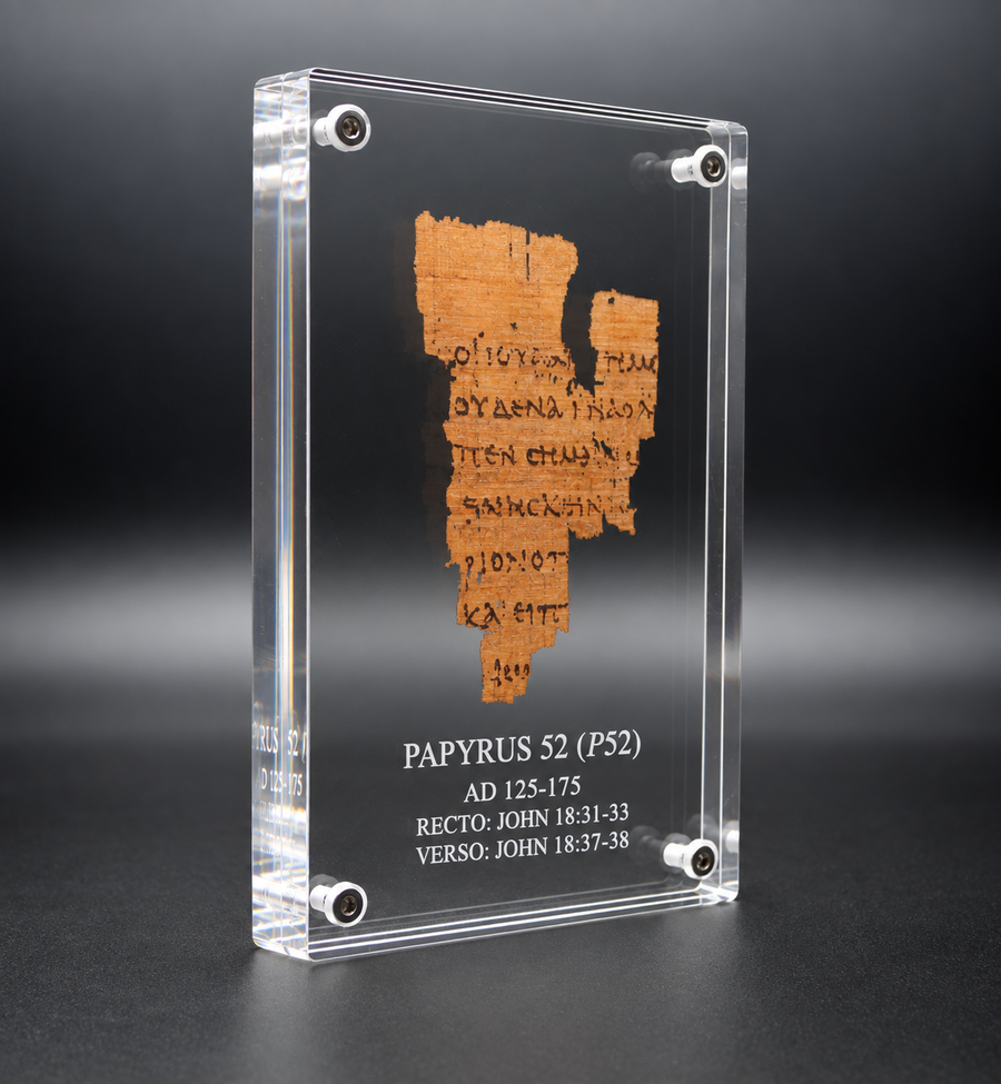 Papyrus 52 (𝒫52) Manuscript Replica | John 18:31–33, 37–38 | Etched Floating Acrylic Frame | MS X WH
