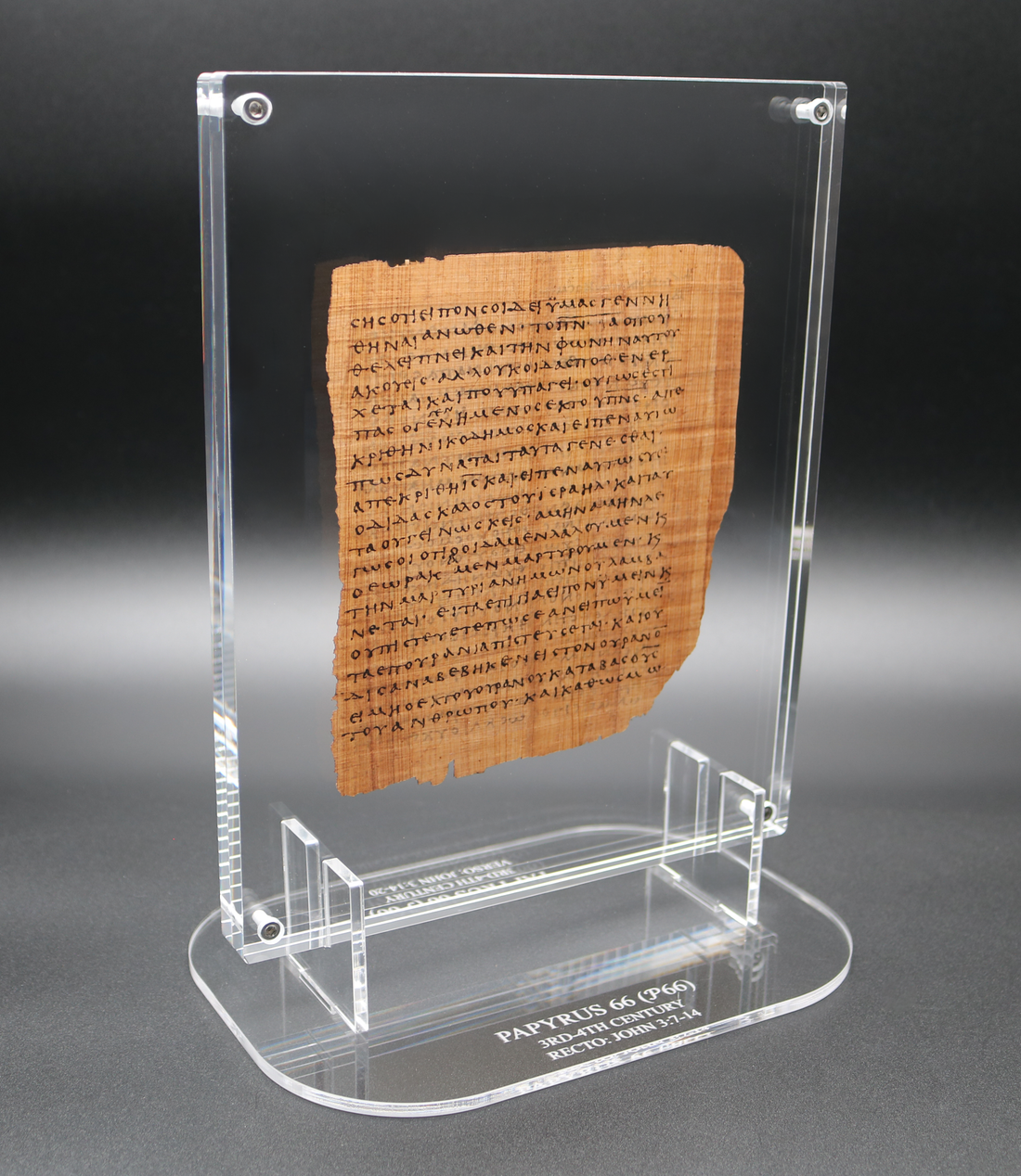 Koine Greek majuscule script on a Papyrus 66 replica