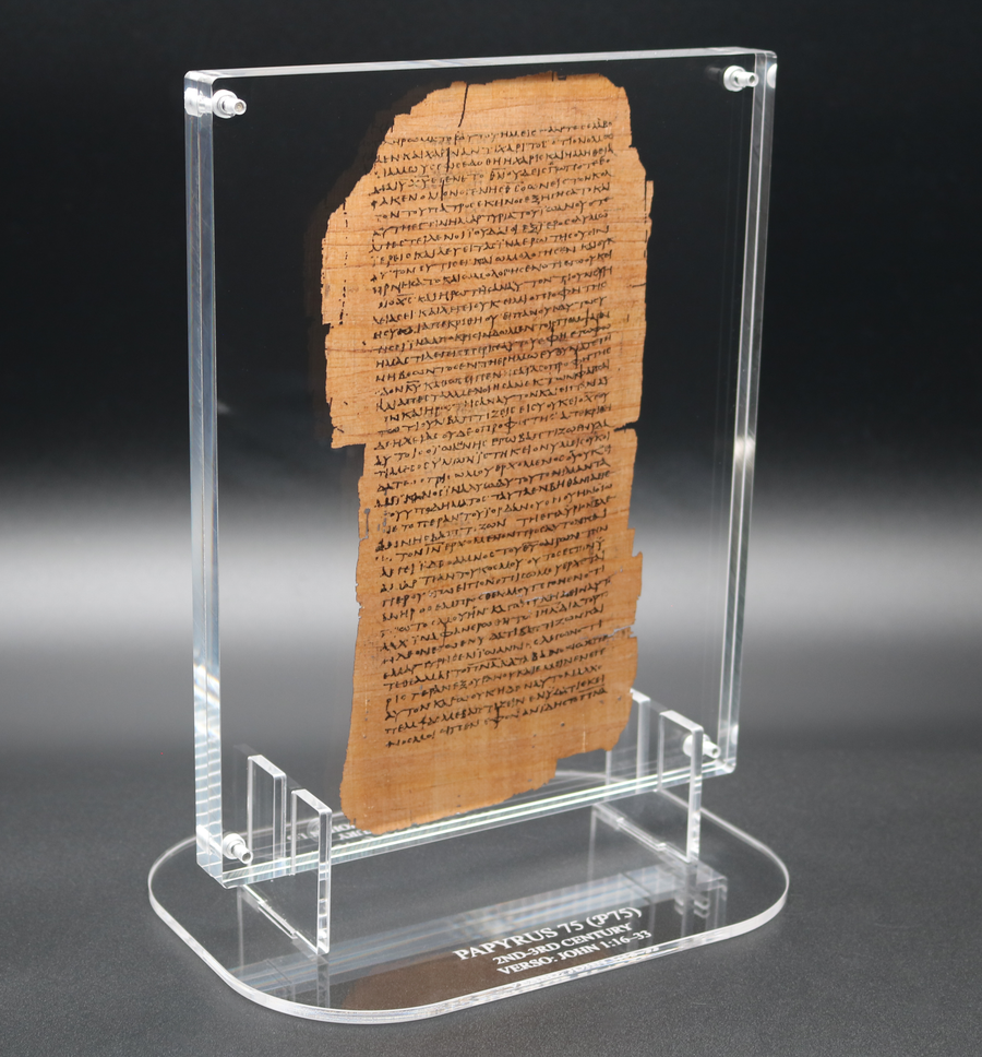 Papyrus 75 (𝒫75) Manuscript Replica | Luke 24:51–53 & John 1:1–33 | Front & Back Acrylic Display | The Wes Huff Collection